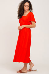 Red Button Front Midi Dress