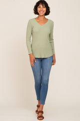 Sage Ribbed V-Neck Long Sleeve Top