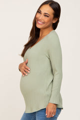 Sage Ribbed V-Neck Long Sleeve Maternity Top