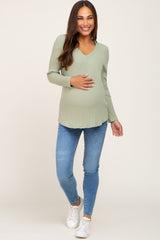 Sage Ribbed V-Neck Long Sleeve Maternity Top