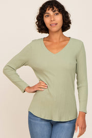 Sage Ribbed V-Neck Long Sleeve Top