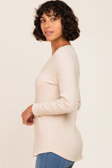 Beige Ribbed V-Neck Long Sleeve Top