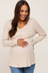 Beige Ribbed V-Neck Long Sleeve Maternity Top