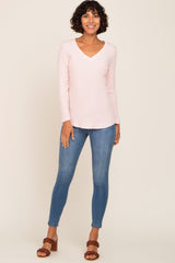 Light Pink Ribbed V-Neck Long Sleeve Top