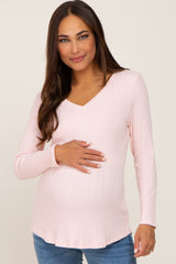 Light Pink Ribbed V-Neck Long Sleeve Maternity Top