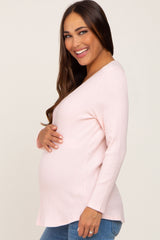 Light Pink Ribbed V-Neck Long Sleeve Maternity Top