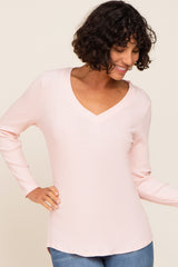 Light Pink Ribbed V-Neck Long Sleeve Maternity Top