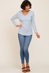 Light Blue Ribbed V-Neck Long Sleeve Top