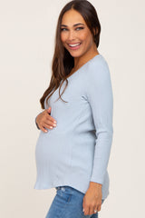 Light Blue Ribbed V-Neck Long Sleeve Maternity Top