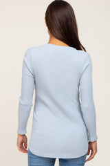 Light Blue Ribbed V-Neck Long Sleeve Maternity Top