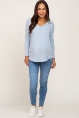 Light Blue Ribbed V-Neck Long Sleeve Maternity Top