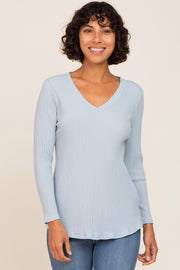 Light Blue Ribbed V-Neck Long Sleeve Top