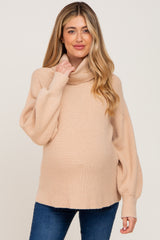 Beige Turtleneck Knit Maternity Sweater