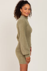 Olive Fuzzy Knit Puff Sleeve Sweater Dress