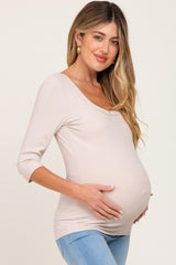 Beige Ribbed Scoop Neck Maternity Top