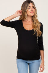 Black Ribbed Scoop Neck Maternity Top