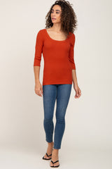 Rust Ribbed Scoop Neck Top