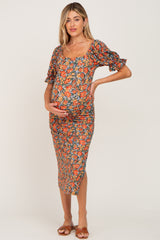 Olive Floral Ribbed Maternity Midi Dress