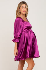 Magenta Satin Square Neck Babydoll Maternity Mini Dress