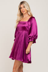 Magenta Satin Square Neck Babydoll Mini Dress