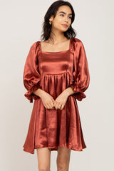 Rust Satin Square Neck Babydoll Maternity Mini Dress