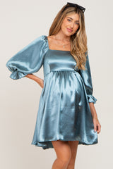 Aqua Satin Square Neck Babydoll Maternity Mini Dress