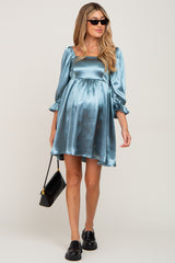 Aqua Satin Square Neck Babydoll Maternity Mini Dress