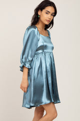 Aqua Satin Square Neck Babydoll Mini Dress