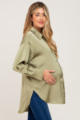 Light Olive Satin Button Up Maternity Blouse