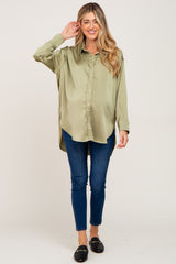 Light Olive Satin Button Up Maternity Blouse