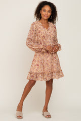 Taupe Paisley Print Long Sleeve Dress