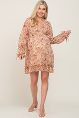 Taupe Paisley Print Long Sleeve Maternity Dress