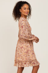 Taupe Paisley Print Long Sleeve Dress