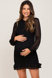 Black Metallic Shimmer Smocked Maternity Mini Dress