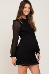 Black Metallic Shimmer Smocked Maternity Mini Dress