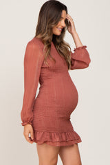 Mauve Metallic Shimmer Smocked Maternity Mini Dress