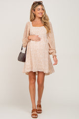 Taupe Floral Square Neck Maternity Dress