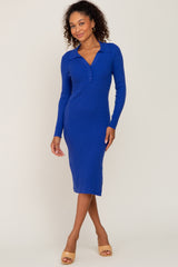 Royal Blue Ribbed Side Slit Long Sleeve Dress