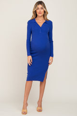 Royal Blue Ribbed Side Slit Long Sleeve Maternity Dress