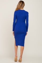 Royal Blue Ribbed Side Slit Long Sleeve Maternity Dress