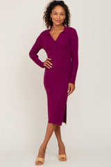 Plum Ribbed Side Slit Long Sleeve Dress