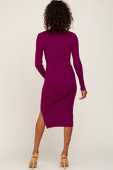 Plum Ribbed Side Slit Long Sleeve Dress