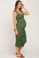 Green Ditsy Floral Ruched Shoulder Tie Maternity Dress