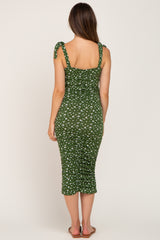 Green Ditsy Floral Ruched Shoulder Tie Maternity Dress