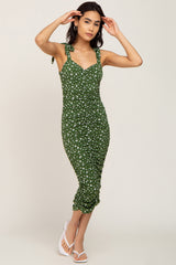 Green Ditsy Floral Ruched Shoulder Tie Maternity Dress