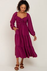 Plum Smocked Tiered Maternity Midi Dress