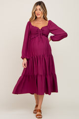 Plum Smocked Tiered Maternity Midi Dress