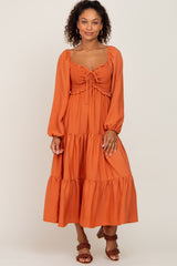 Orange Smocked Tiered Maternity Midi Dress