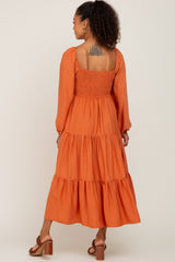 Orange Smocked Tiered Midi Dress