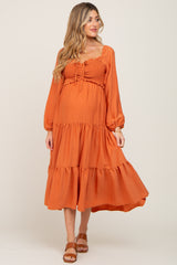 Orange Smocked Tiered Maternity Midi Dress